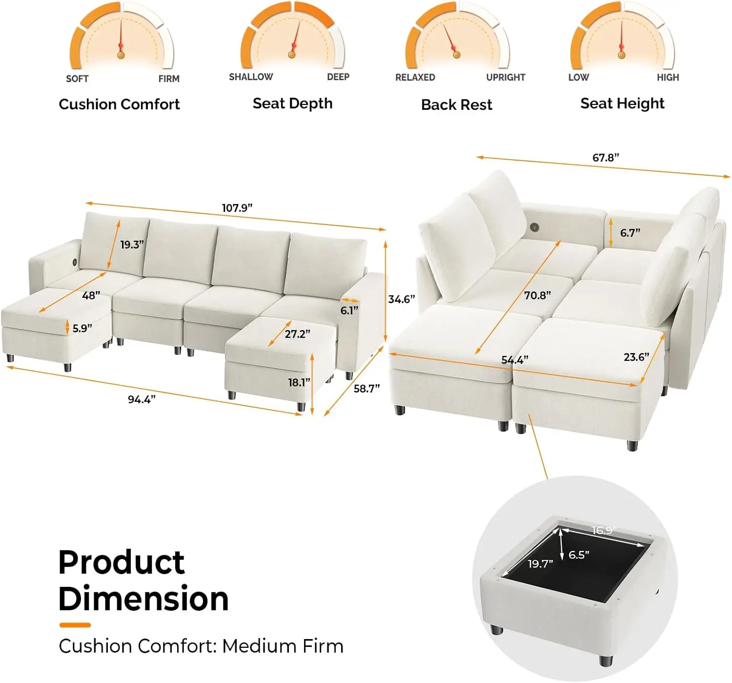 Storage Modular Sectional Sofa Sleeper in Upgraded USB Built-in Charger, Convertible Couch Bed, Seaters Module/Ottomans(Chaises)