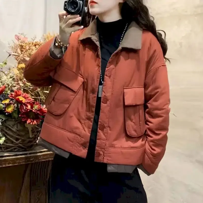 Winter Jacket Original Art Korean Personality Contrast Stitching Tooling Coat Thick Cotton Pockets Loose Casual Quilted Jackets