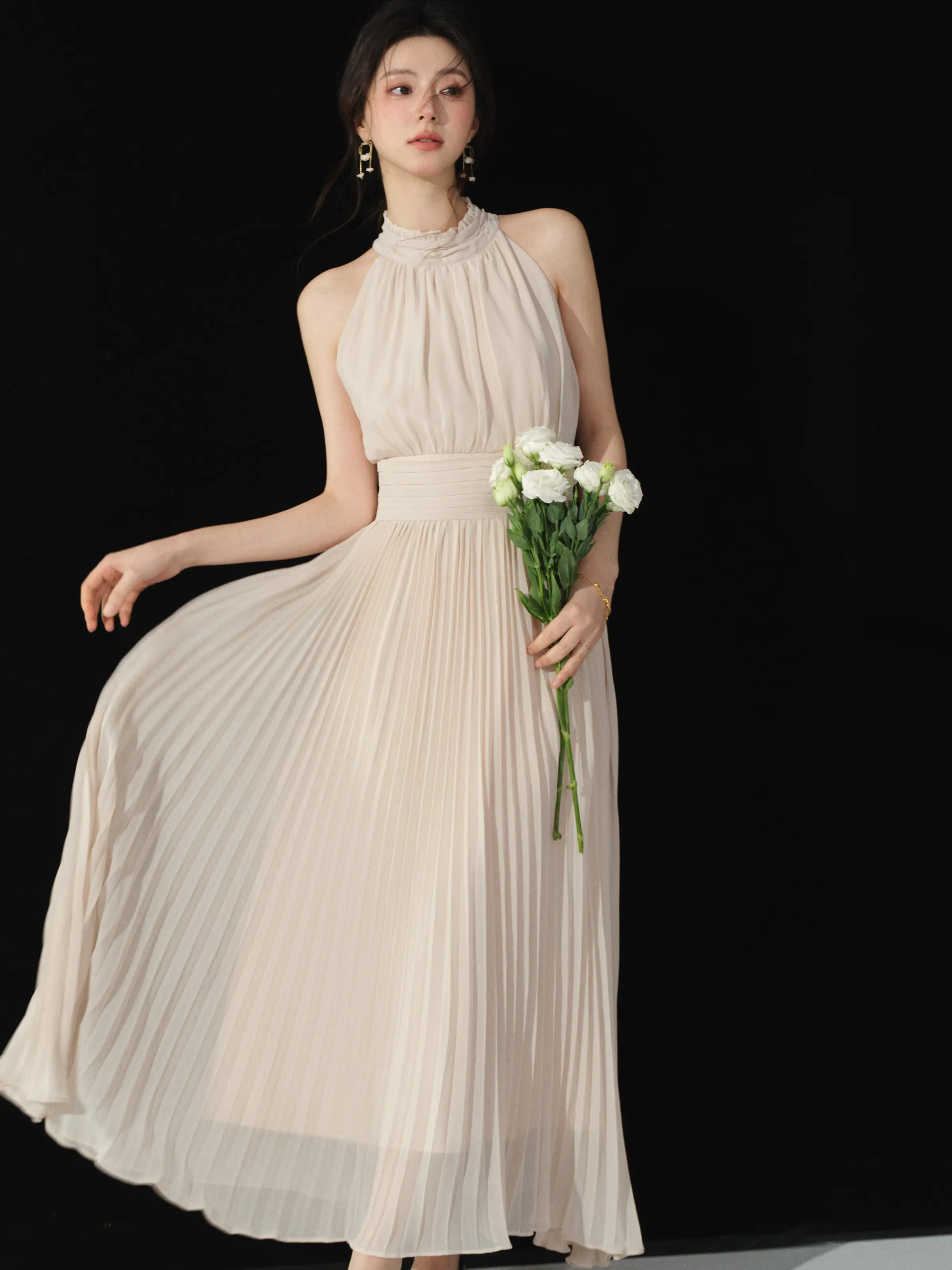 Women French Style Long Sleeve Maxi Dress Pink Draped V-Neck A-Line Chiffon Dresses for Lady Spring Summer Elegant Flowy Gown