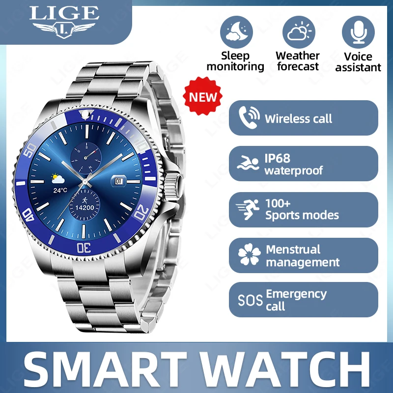 

LIGE Original Smart Watch 100+ Sports Modes IP68 Waterproof 1.27''HD Screen Bluetooth Call Luxury Smartwatch For Men Android IOS