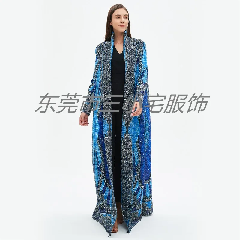 KAF Pleated Vintage Printed Women Plus Size Trench 2024 Fall New Lapel Long Sleeve Cardigan Design Arabian Female Luxury Robe