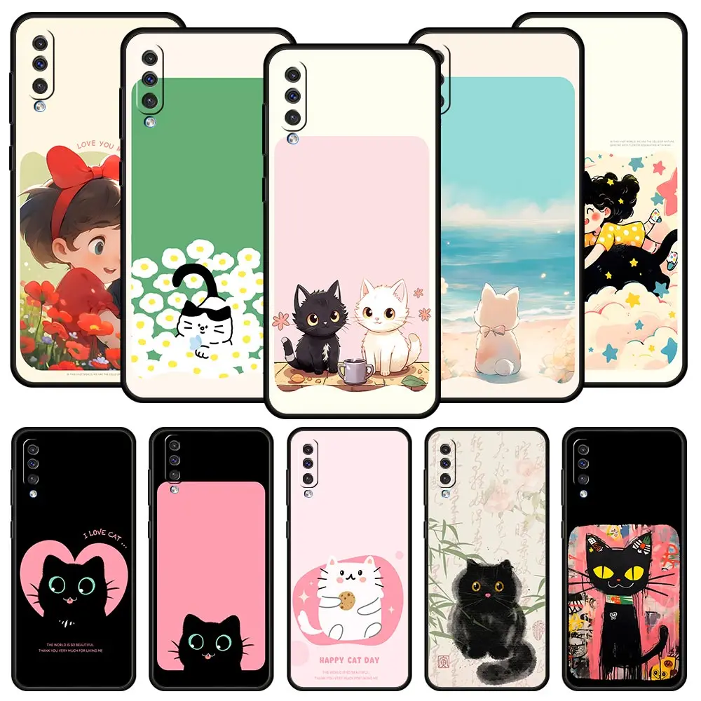 Cute Cartoon Black Cat Phone Case For Samsung A56 A36 A26 A54 A52 A24 A14 A50 A72 A70 A06 A12 A22 A34 A42 A32 A04s A16 5G Cover