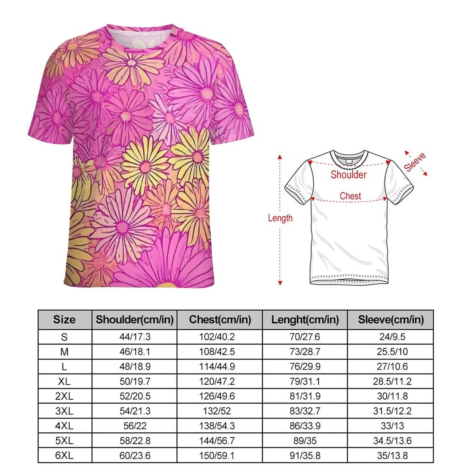 Summer T Shirt Pink Daisy Sketch Print T Shirts  Kawaii Hip Hop Tees For Man Short Sleeve Graphic Plus Size Tops