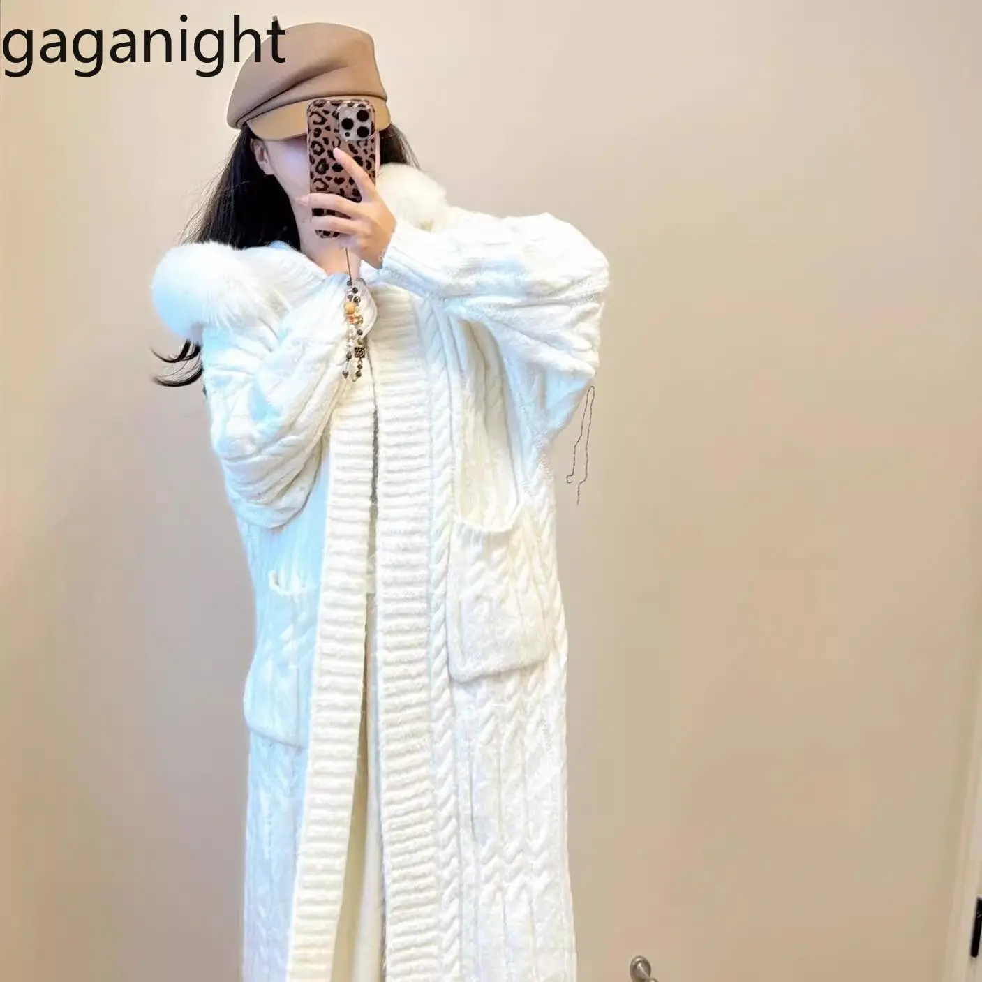 Gaganight Women Milk White Fur Collar Hooded Long Sleeved Knitted Jacket 2024 Autumn Winter New Sweet Cardigan Mid Length Top