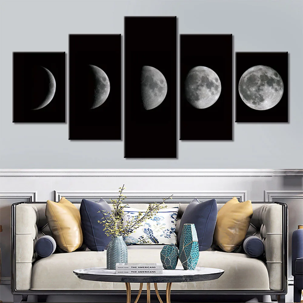 black white Moon Change Planet Lunar Canvas Prints Painting Home Decor Canvas HD Print 5 Pieces Modular Pictures for Living Room