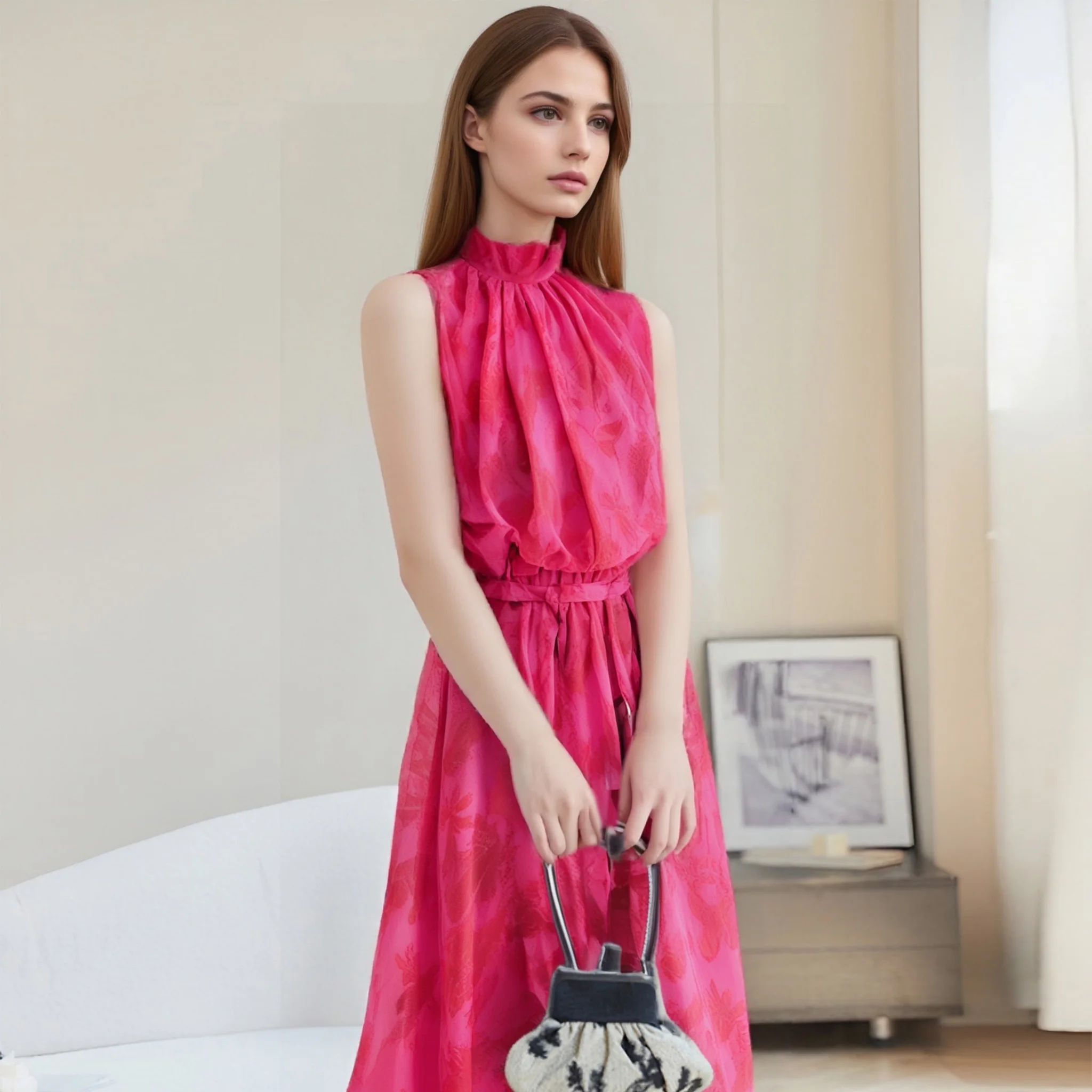 Elegancka Sukienka Damska Klasyczna Bez Rękawów z Dekoltem typu Bandana i Wysokim Kołnierzem Sukienka Codzienna Seksowna Sukienka na Imprezę Nowa Damska Sukienka Plażowa 2025