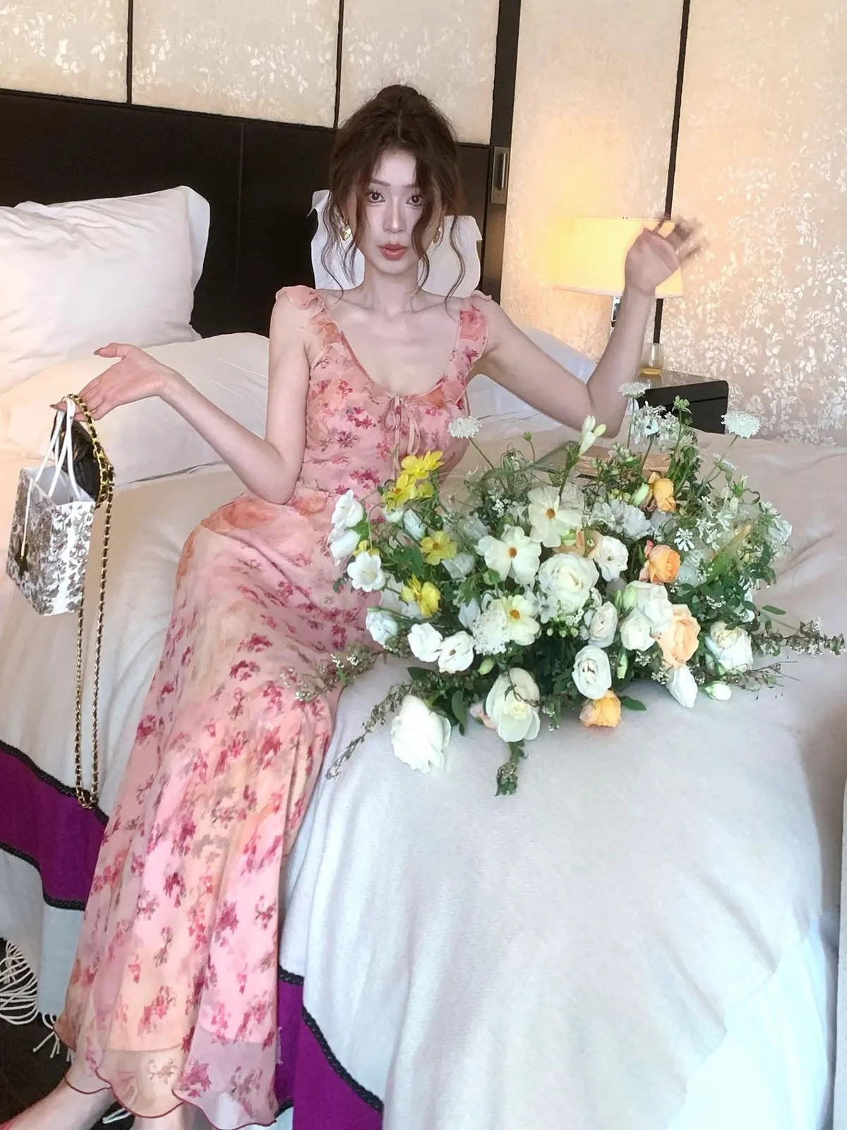 Sweetie Lychee Floral Print ter Dr Women's Summer New Waist Cinched Ruffle Skirt Ele High Waist Polyester Long Dr