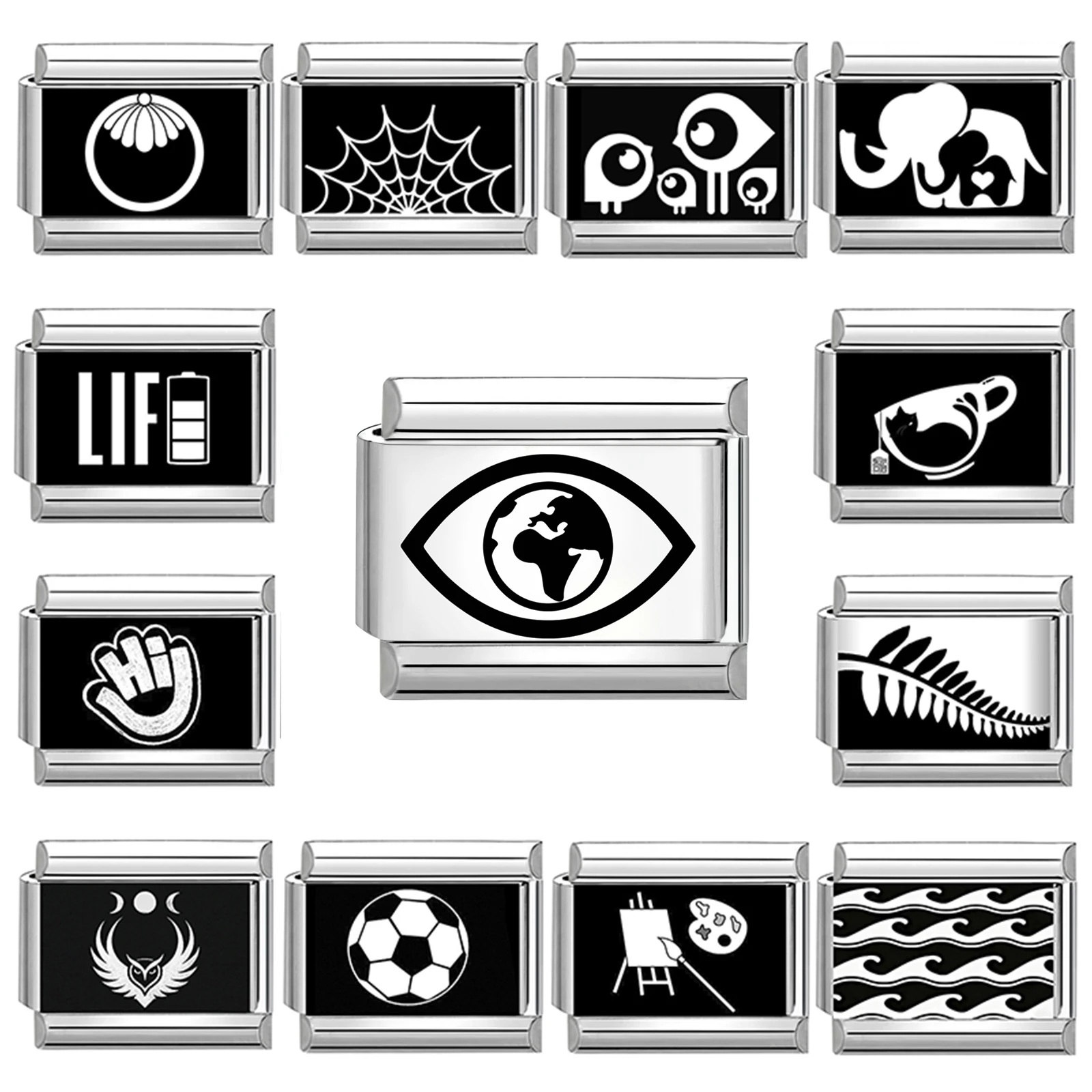 Laser Engraving Black Heart Elephant Football Sun Moon Eye Italian Charm Links Fit 9mm Stainless Steel Bracelet Women DIY Making