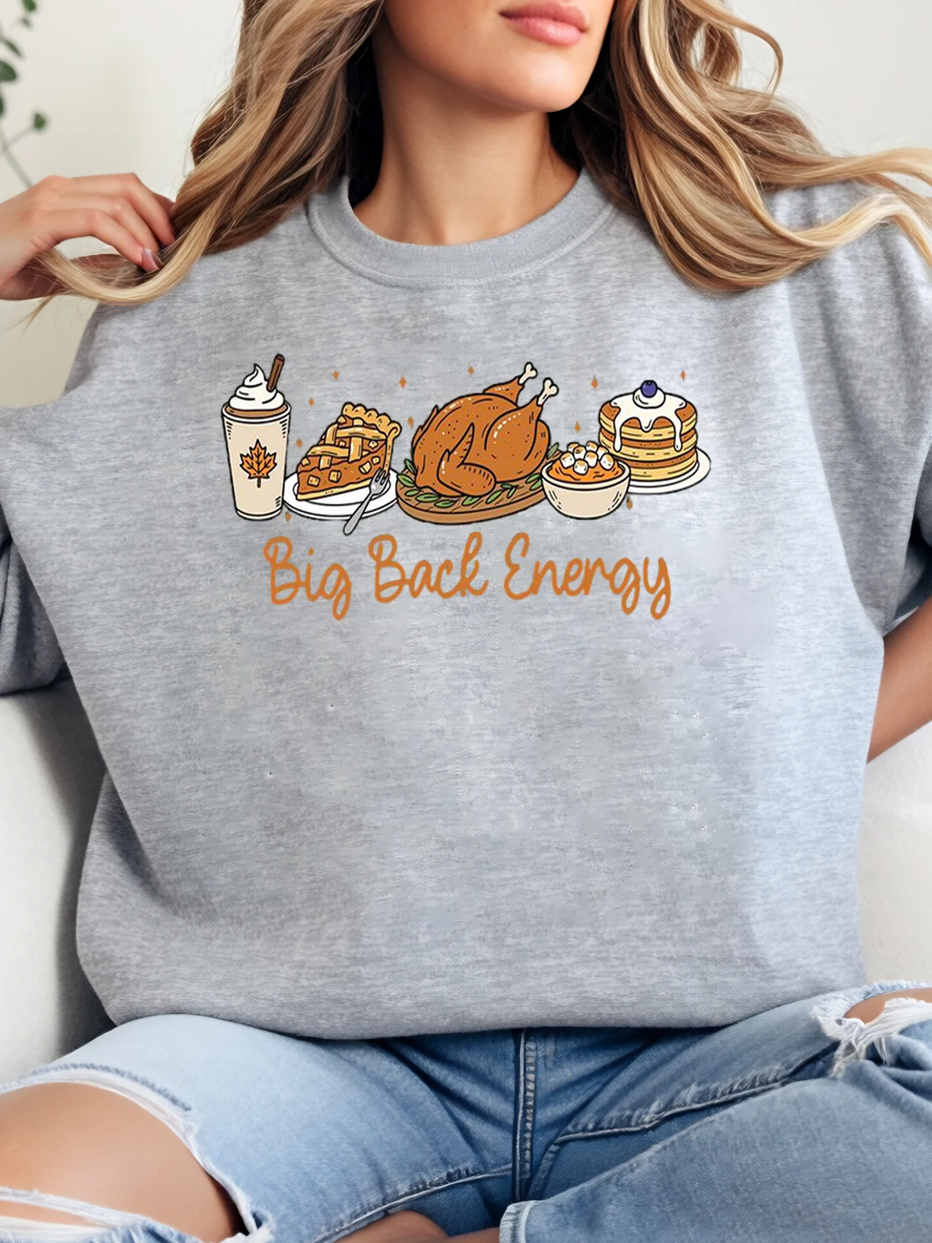سويت شيرت نسائي بياقة دائرية مطبوع عليه طعام عيد الشكر وطاقة كبيرة، ملابس كاجوال للعطلات، رمادي مقاس كبير #1