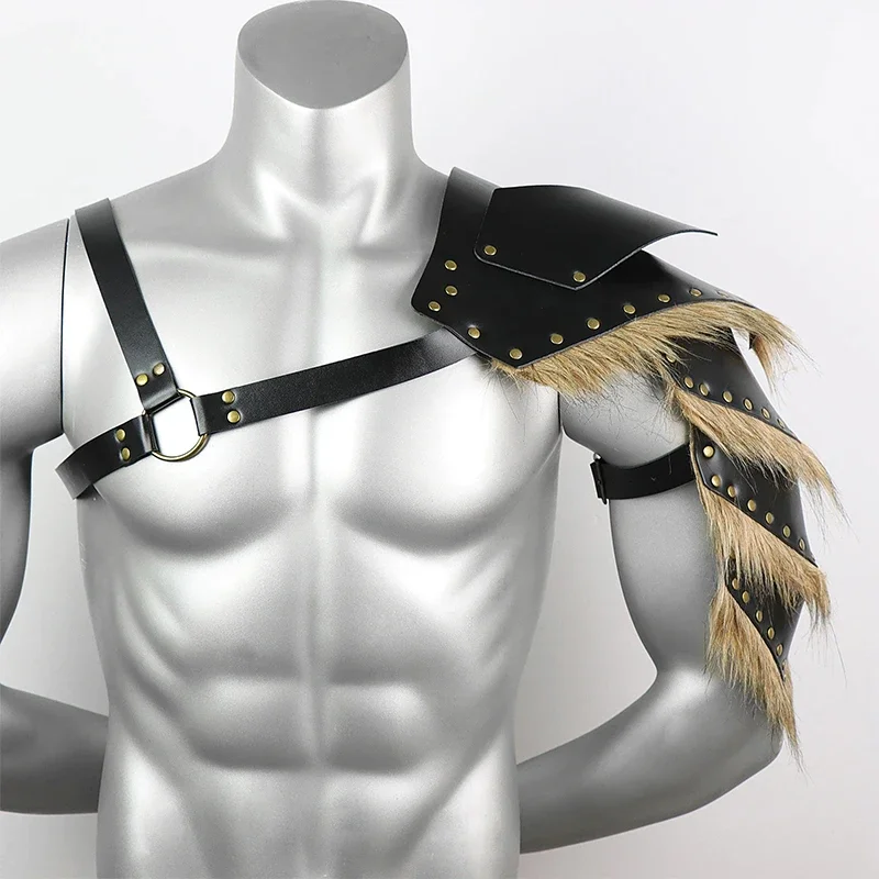

1Pc Men's Vintage Single Shoulder Fur-Trimmed Harness Medieval Warrior Faux Leather Shoulder Armor Viking Pirate Cosplay Costume
