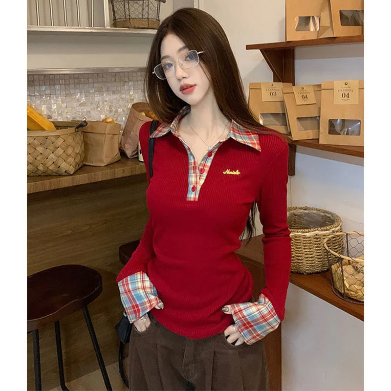 Preppy Polo Neck Plaid Long Sleeve Layered T Shirt Women Fake Two-piece Basic Top V Neck Button Blouses Tees Embroidery