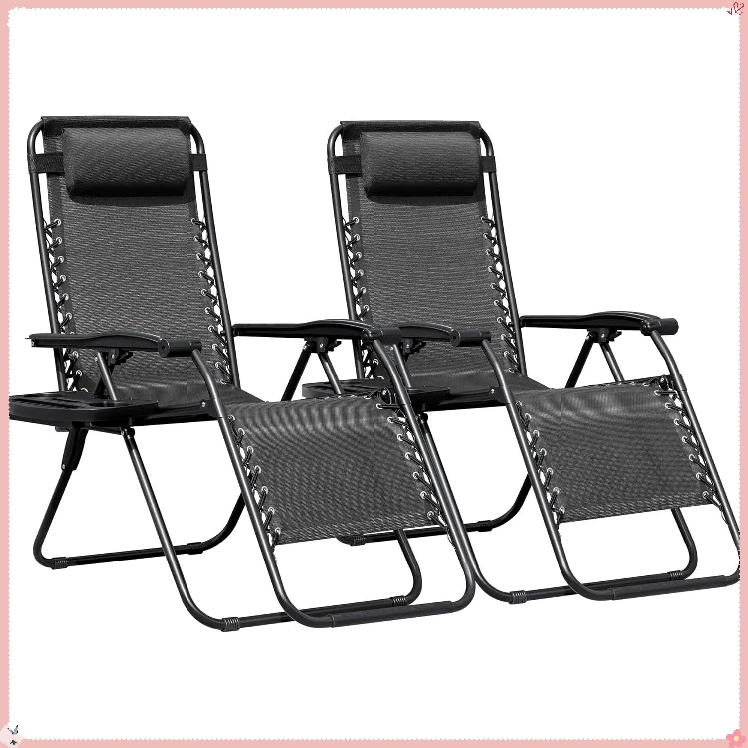 كرسي بدون جاذبية قابل للطي مع كرسي قابل للتعديل وصينية حامل أكواب - كرسي صالة شبكي فولاذي للفناء الخلفي والتخييم والفناء