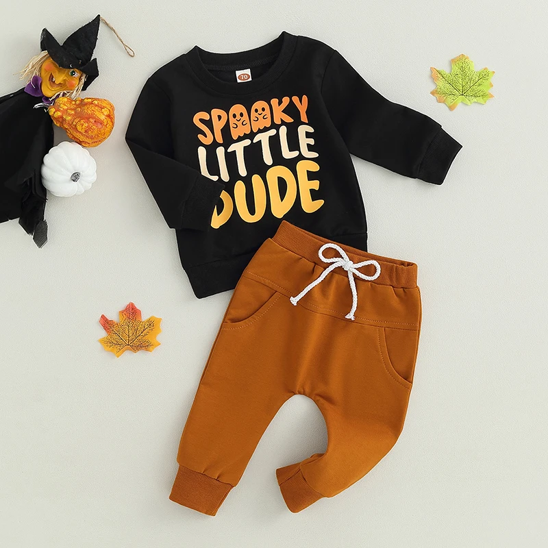 

Adorable Infant Boy Autumn Attire Stylish Ghost Print Sweater and Pants Ensemble for Toddlers Cute Outfit