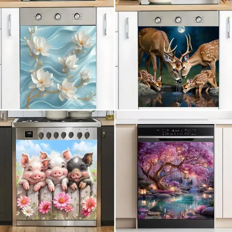 Blumen- und Tierdesign, selbstklebender, abnehmbarer Aufkleber für Küche, Kühlschrank, Spülmaschine, wasserdicht, Kunstdekoration, Wandaufkleber, Heimdekoration
