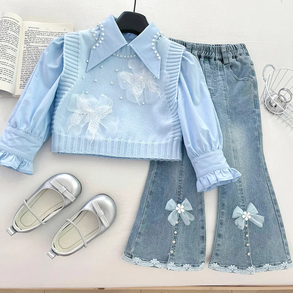 

Girls' autumn knitted suit 2025 new foreign-style vest shirt fashionable denim micro-flared pants three-piece trendy set