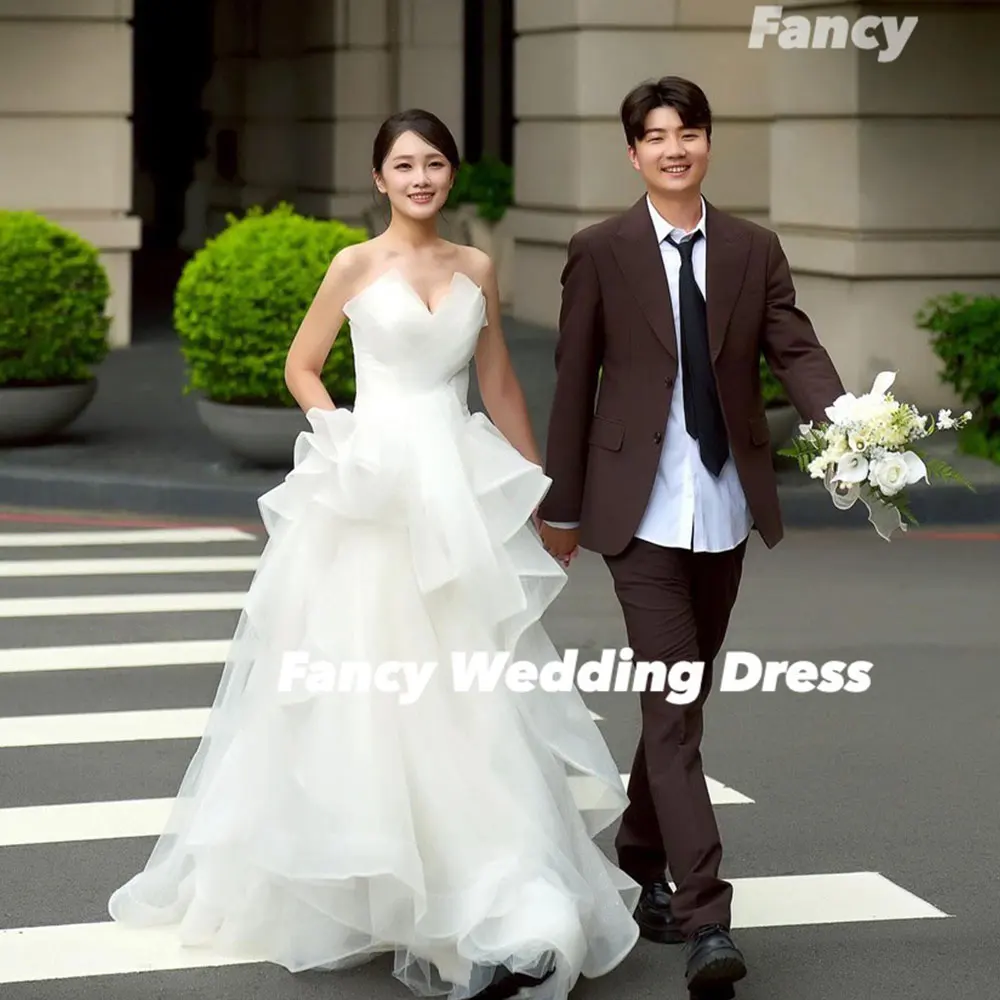 Fancy Rich Princess V Neck Wedding Dress Korea Photoshoot A Line Organza Bridal Gown Back Corset Customized