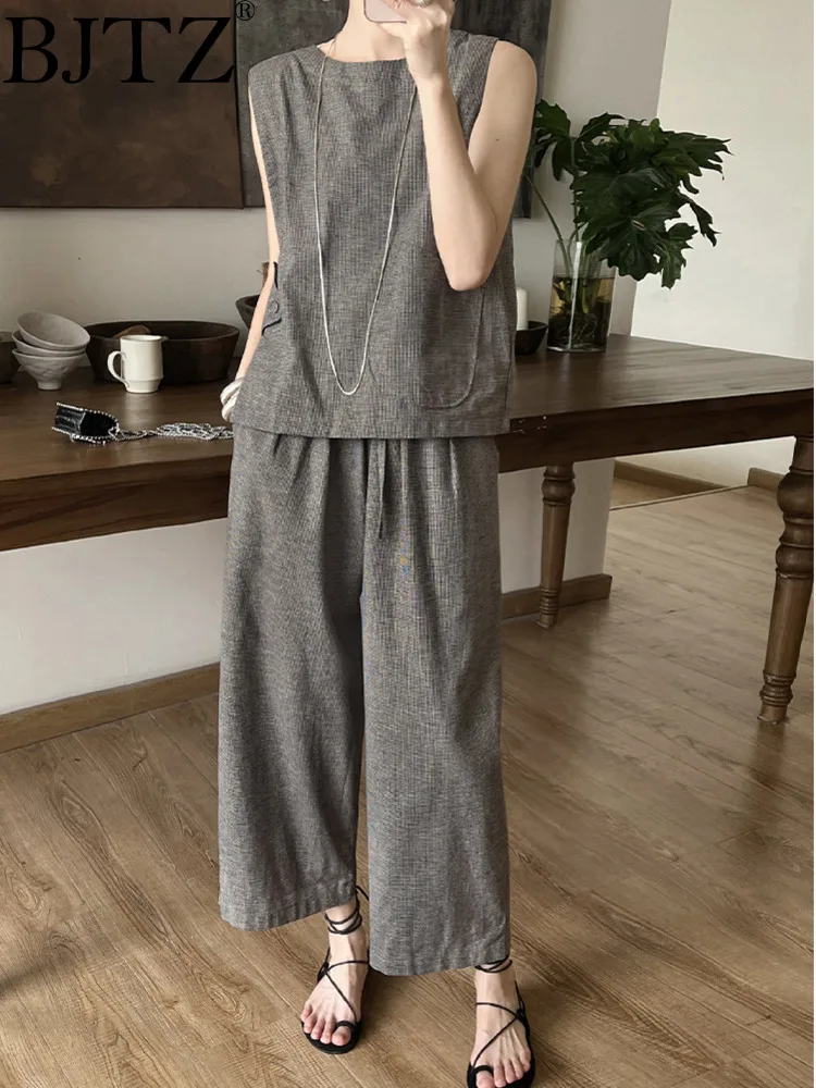 

BJTZ 55% Linen Bird Check Sleeveless Top Casual Pants Set For Women 2024 Summer New Minimalism Female Clothing