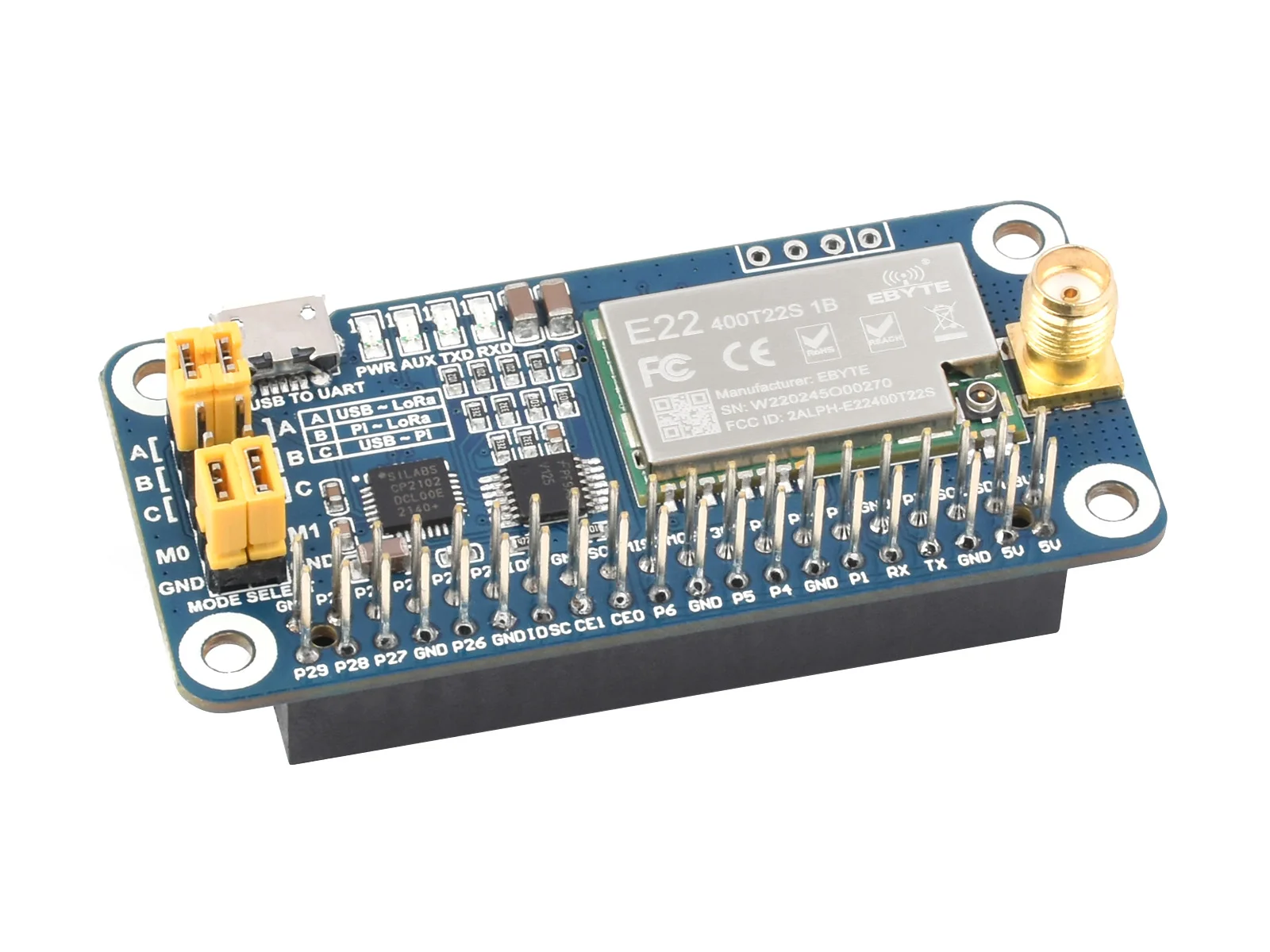 Waveshare SX1262/SX1268 LoRa HAT for Raspberry Pi, UART Interface, Options For Frequency Band