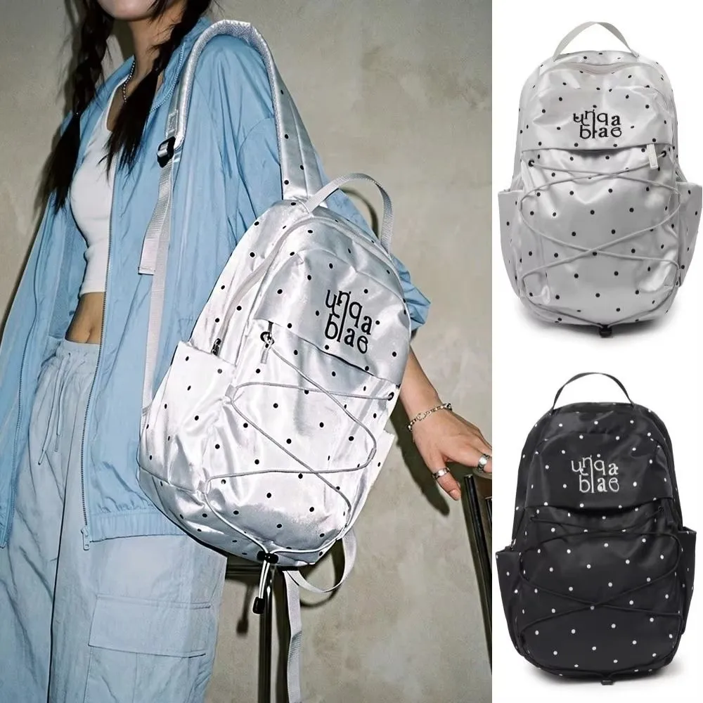 Nylon Material Polka Dot Backpack Large Capacity Lightweight Design Student School Bag Portable Size Drawstring Closure