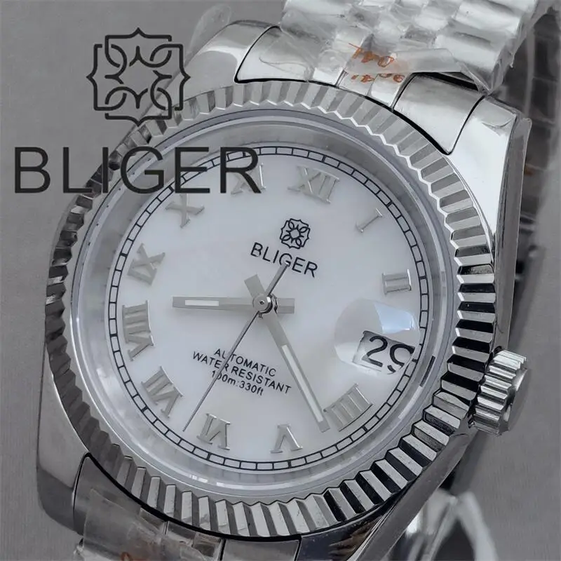 BLIGER 36mm/39mm Silver Bezel White Pink BrowDial Roman Index NH35 Automatic Movement Mens Watch Jubilee Bracelet Green Luminous