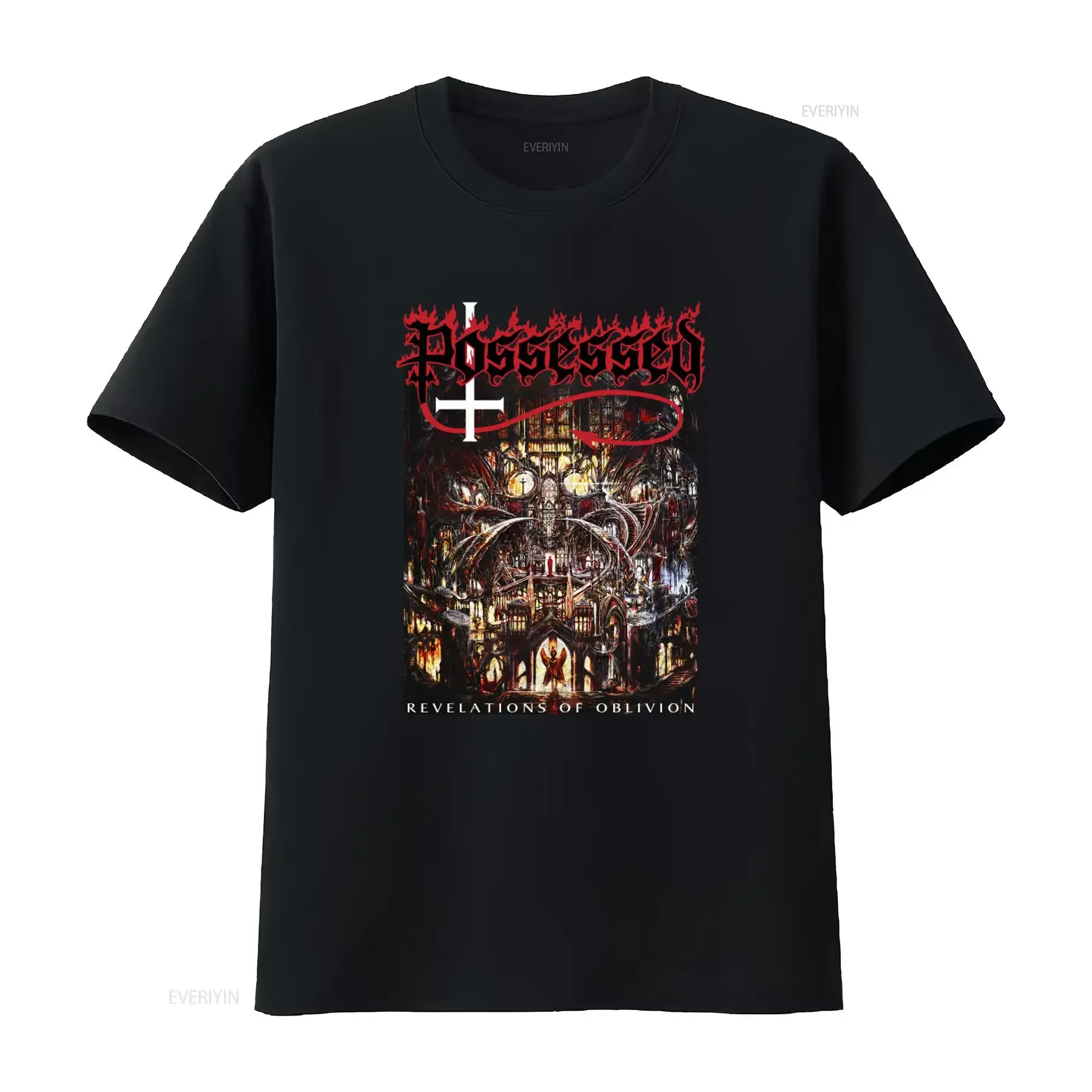 Possessed Revelations Oblivion T Shirt Thrash Death Metal Inspired with Gothic Cathedral Design and Cross Motif vintage Washed
