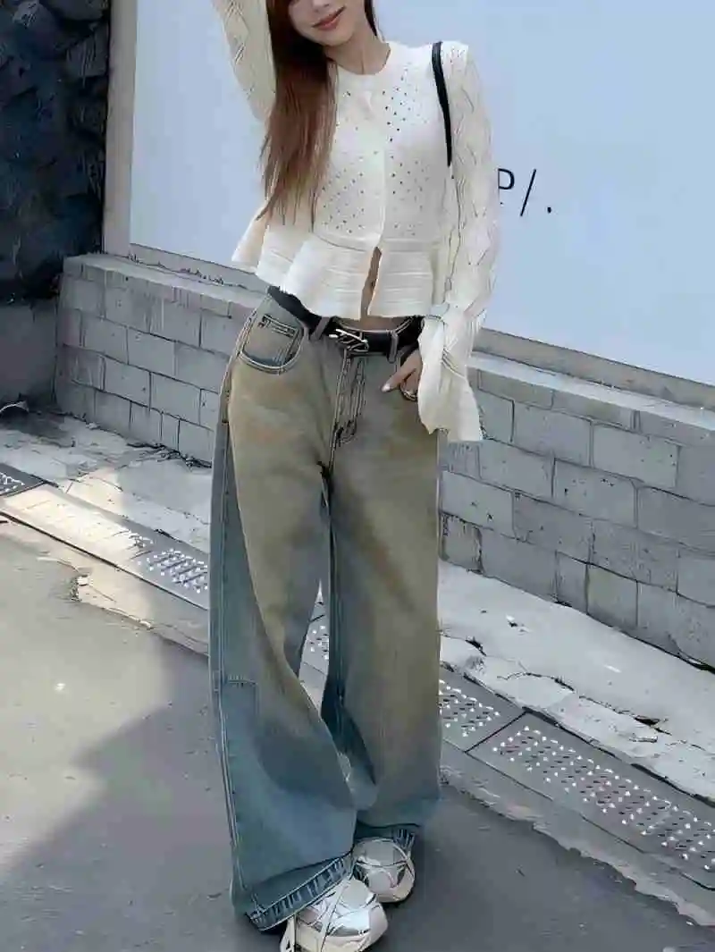 Y2K Women Dirty Dye Contrast Color Wide Leg Jeans Retro Faded High Waist Loose Draping Long Jeans