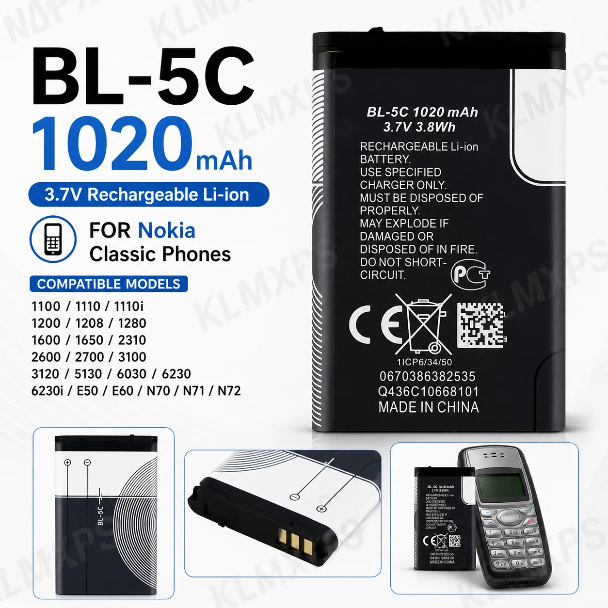 BL-5C 1020mAh Battery Rechargeable Li-ion Replacement Battery for Nokia 1100 1110 1200 1600 2300 2600 2700 3100 Mobile Phone