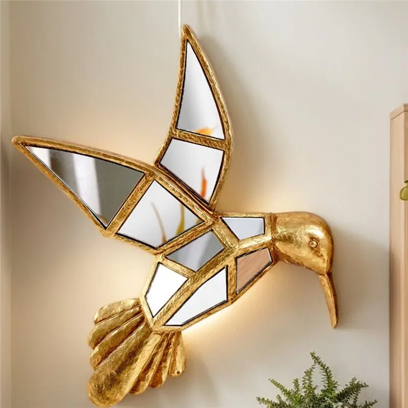 AB66-Resin Golden Hummingbird Mirror- Wall Mount, Handmade Animal Themed Home Decor Hanging