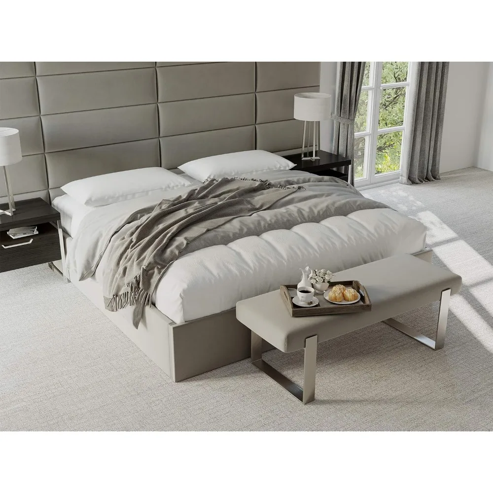 ม้านั่งเตียงหุ้มเบาะ - กำมะหยี่สีเทาแพลตตินัม - นิกเกิลขัดเงา - โมเดิร์นร่วมสมัย, ม้านั่งในห้องนอน, ห้องโถง