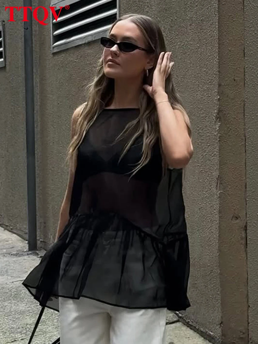 

TTQV Summer Loose Black Women's Tank Top 2026 Sexy O-Neck Sleeveless Vest Elegant Classic See Through Solid Top Female Clothing