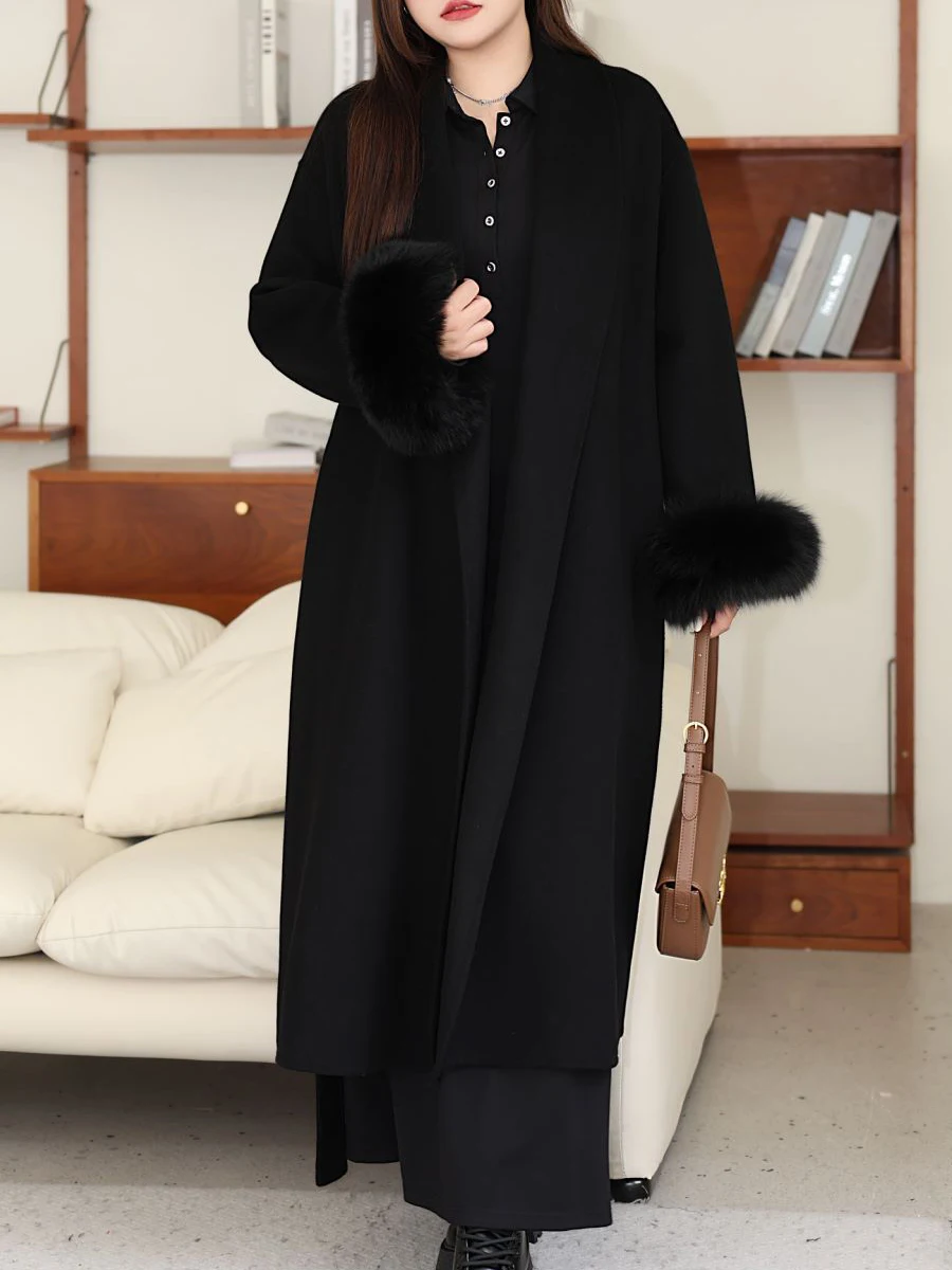 Double Sided Coat with Real Fox Fur Cuffs for Women, Long Wool Overcoat, French High-end Luxury Coat, Plus Size, Winter, 9090