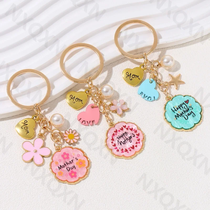 Cute Flowers Mom Heart Enamel Keychain Love Star Pearl Key Ring For Mama Good Gift On Mother's Day Handmade Jewelry Set