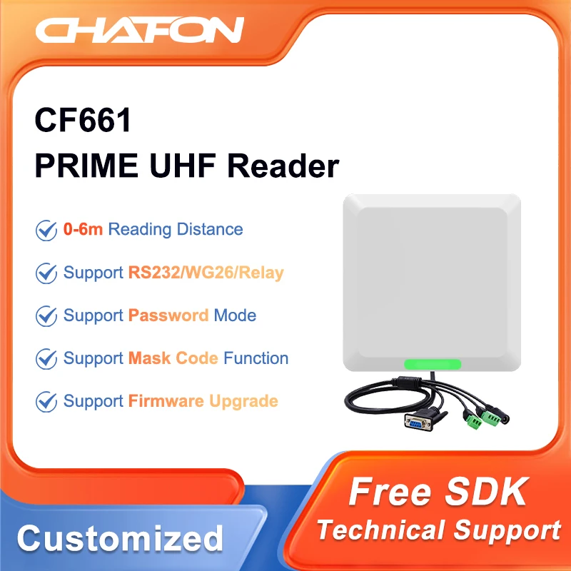 Longo alcance do leitor principal da frequência ultraelevada rfid de chafon cf661 5-6m construído em ethernet do relé da antena rs232 wg26 de 6dbi para a gestão do veículo