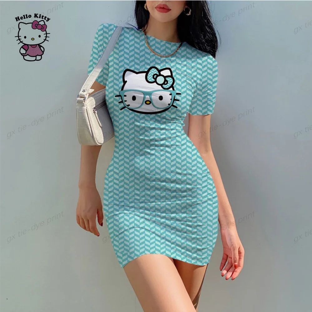 Hello Kitty-Mini vestido bodycon 3D feminino, manga curta, gola em O, sexy ladies, night club wear, vestidos finos, rosa, fashion