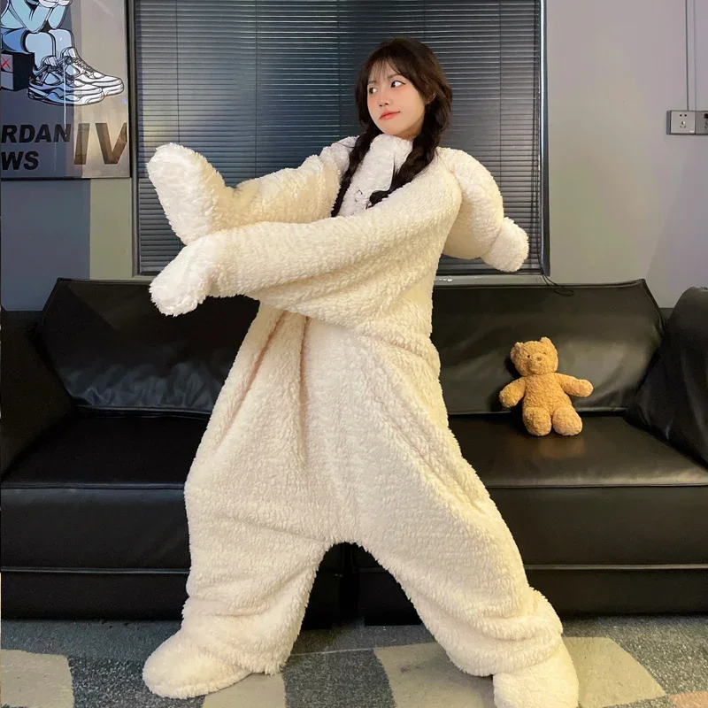 Women Robes bodysuit cartoon Bear Coral Velvet Nightgown Cute Korean Pajamas Hooded Funny Anime Sleepwear Girlfriends Homewear