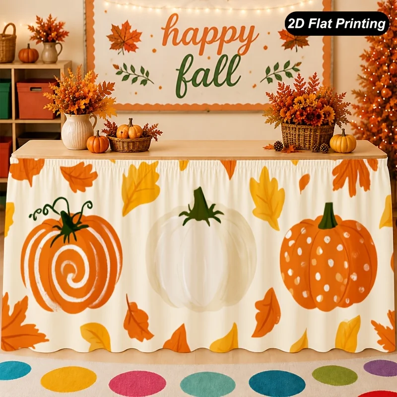 One-piece 2D flat autumn table flag with pumpkin and maple leaf pattern for tablecloth, suitable for home kitchen