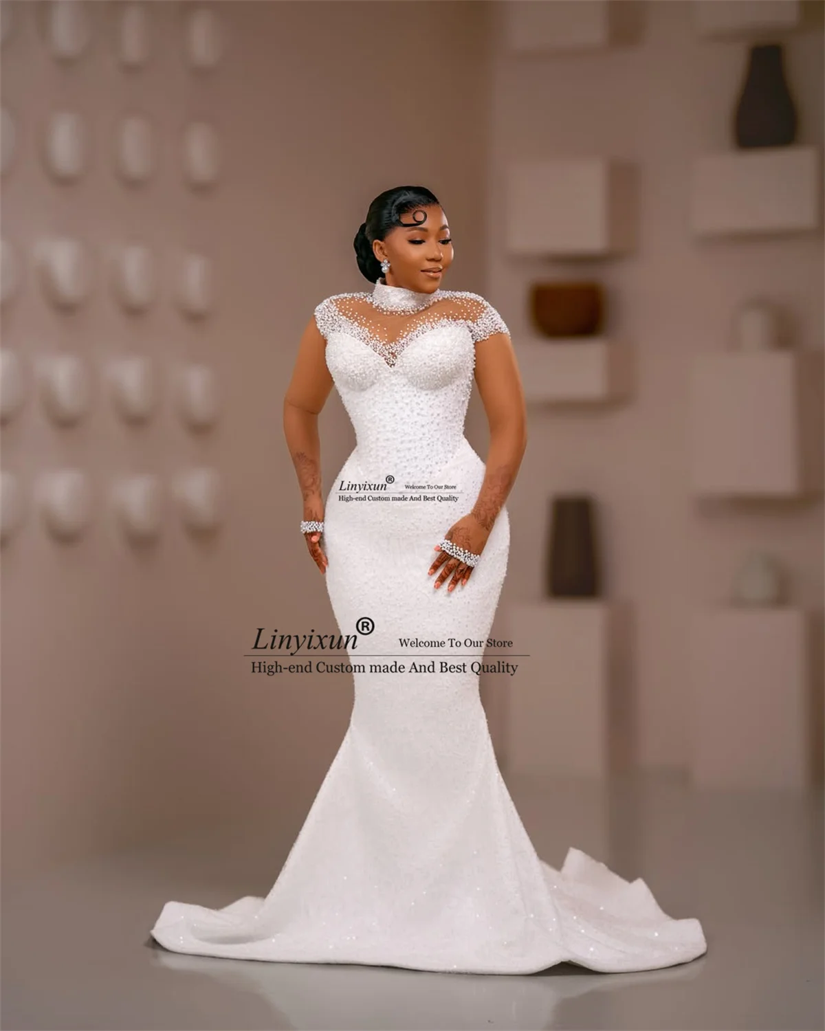 Glitter Sequins Beaded Wedding Dress With Remove Train Mermaid Bridal Gowns Customized Lace Up African Bride vestidos de novia