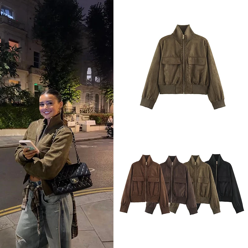 Guobioziy 2026 Autumn Flight Jacket Minimalist Trend Stand Collar Zipper Coat Functional Pockets Loose Street Style