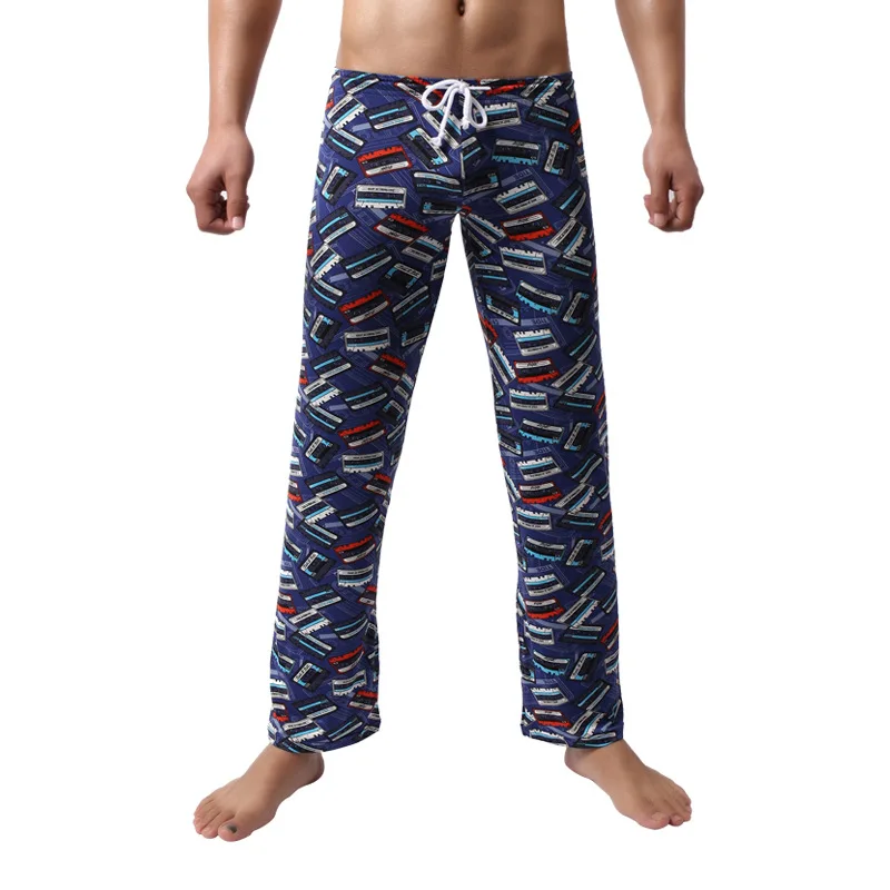 Men Vintage Cassette Tape Print Casual Pants Thin Loose Mid Waist Drawstring Sleep Lounge Pants