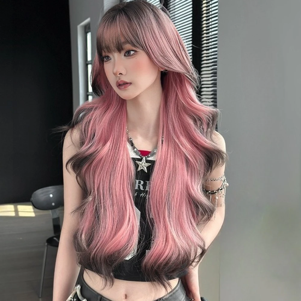 80cm Fashion Long Wave Black Pink Gradient Wig with Bangs for Women Heat Resistant Synthetic Long Wavy Hair Natural Wigs Girls