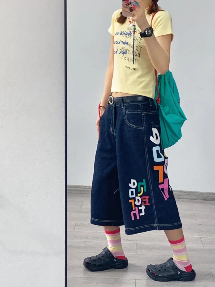 QWEEK Letter Print Jorts Women Y2K Baggy Vintage American Streetwear Wide Leg Knee Length Jeans Harajuku Summer Denim Shorts