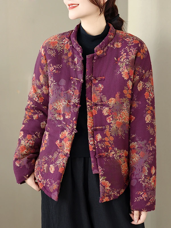 Feminino Thiened algodão jaet outerwear inverno tradicional chinês hanfu sle solto ajuste longo sve impresso planta floral
