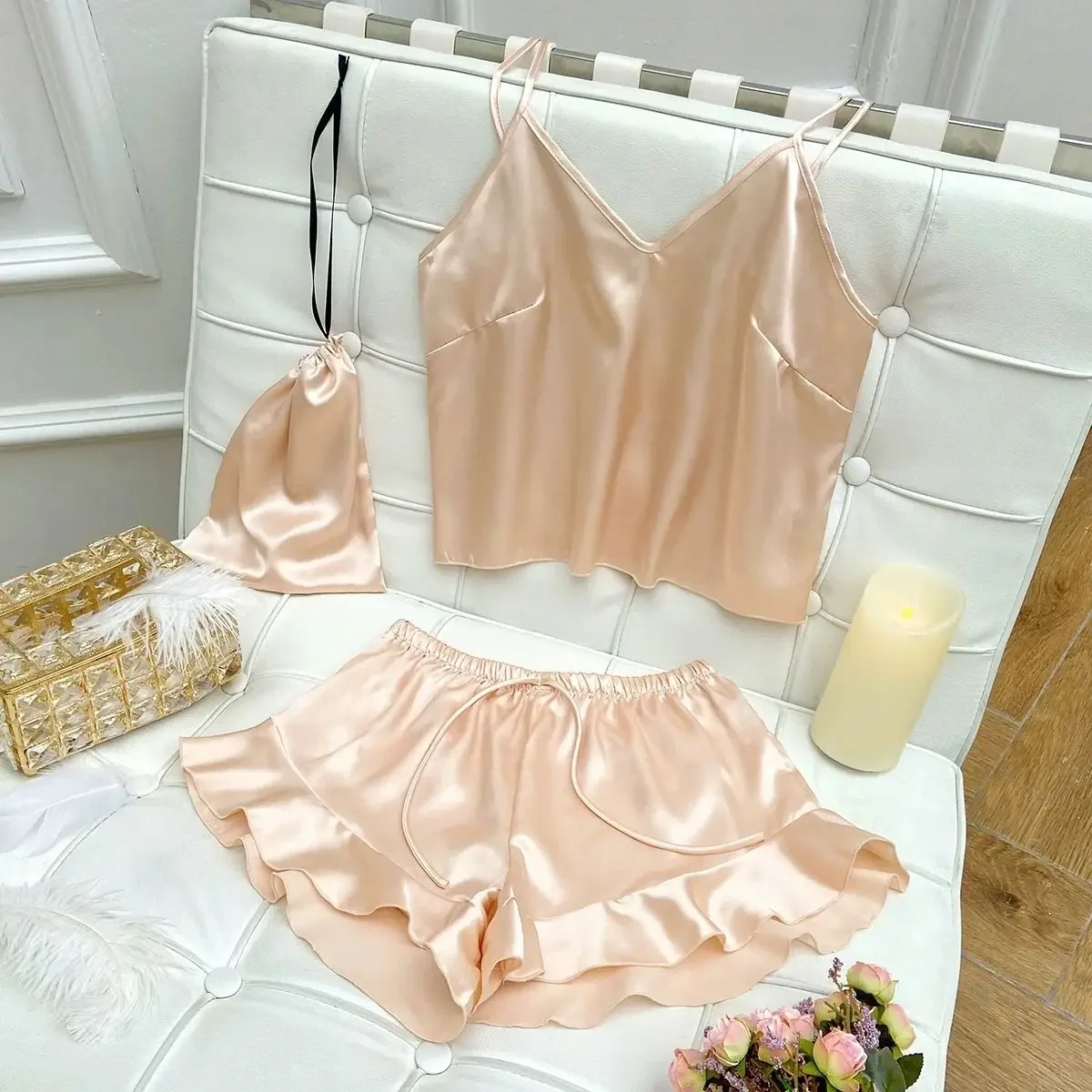 Summer Women's Pajamas Set Fashion Sexy Quick Dry Suspenders Shorts Three-piece Set of Ladies Casual Sleepwear Women Homewear