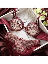 MOYISU Europe and The United States Sexy Underwire Underwear Plus Size Bra Set Big Breasts Red Women Underwear Bra Lace Bow