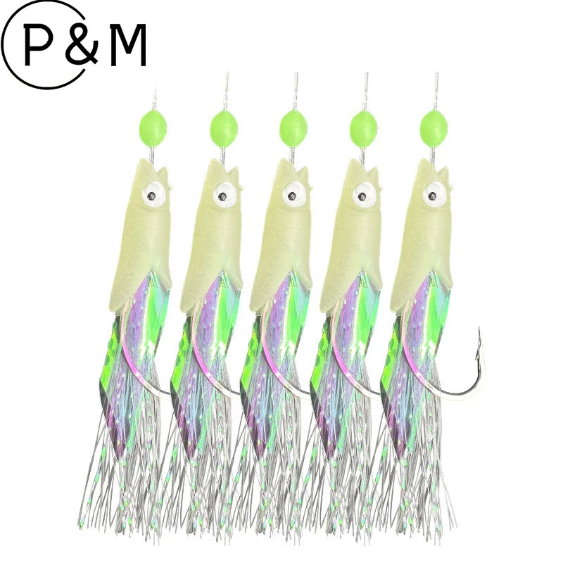 5PCS Glow In Dark Pre-Tied Snelled Hooks Dual Water Use For Freshwater Saltwater Angling Culter White Fish