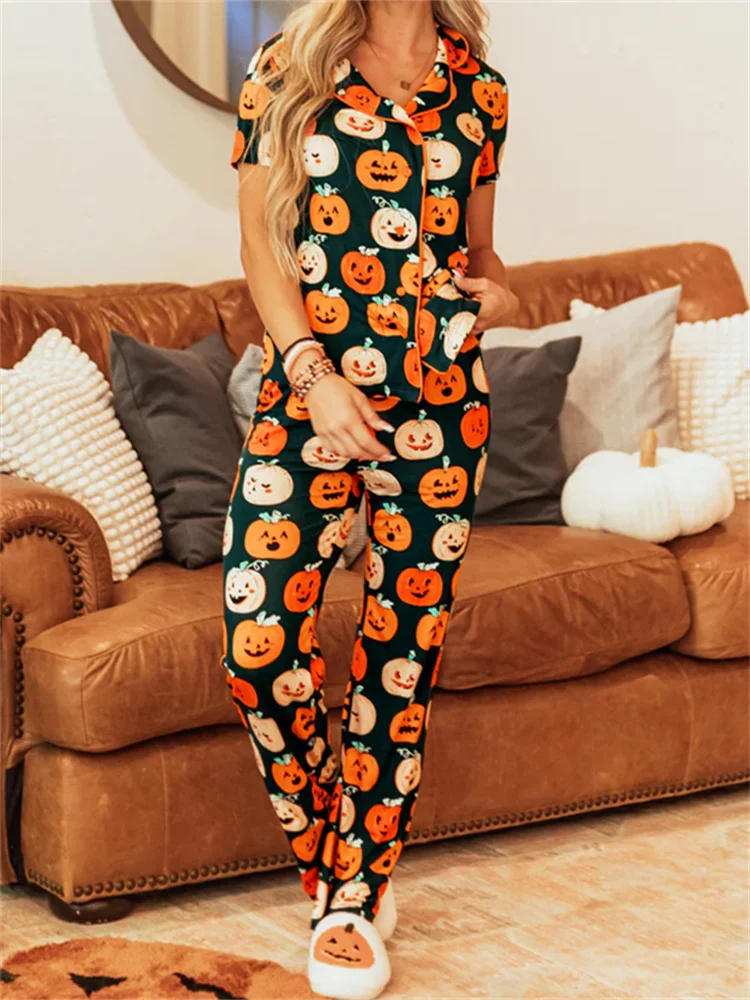 

CHRONSTYLE Halloween 2 Pieces Sleep Pajama Sets for Women Print Short Sleeve Buttons Up Shirts Tops with Loose Casual Pants 2025