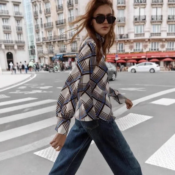 Women's Street Style Breathable Top Autumn Fashion Versatile Casual Plaid Turtleneck Shirt Elegant Long-Sleeve Blouse