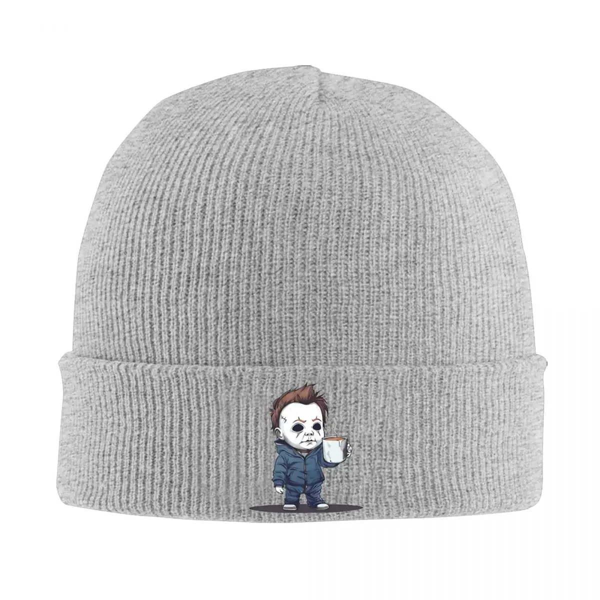 Michael Myers Morning Coffee Knitted Caps for Women Men Skullies Beanies Autumn Winter Hats Acrylic Halloween Movie Warm Caps