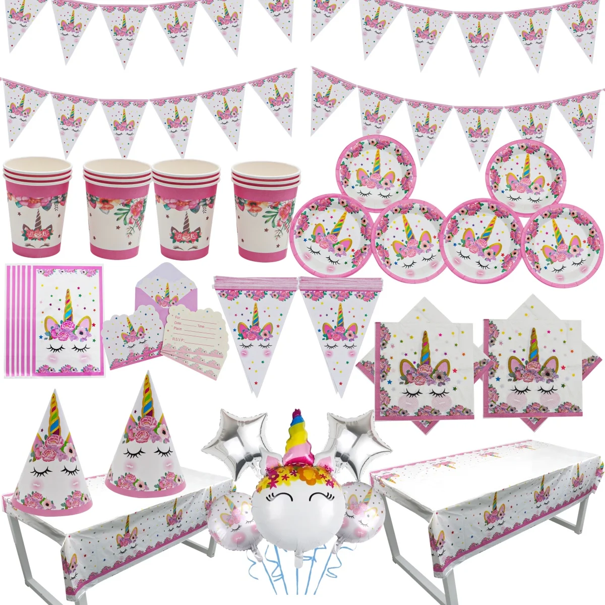 

Unicorn Party Supplies Birthday Party Balloon Set Girl Party Decoration Background Hat Mask Napkin Cup Cake Decoration Banner