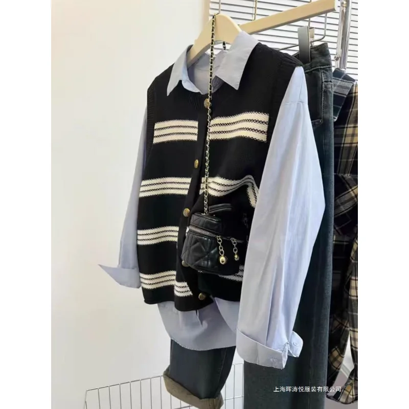 

Вязаный кардиган, жилет, женская рубашка, комплект из двух предметов, новый осенне-зимний свободный многослойный жилет без рукавов на весну и осень